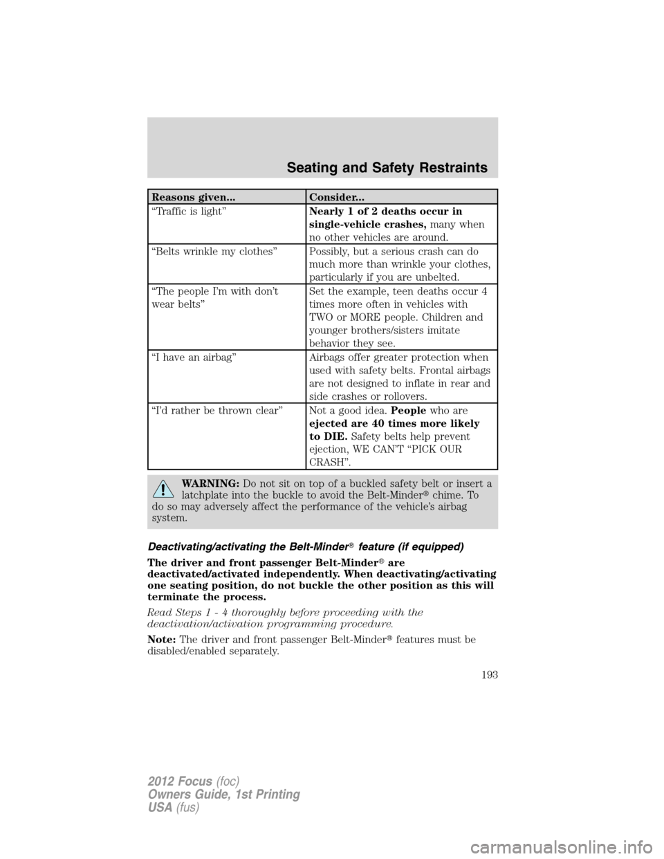 FORD FOCUS 2012 3.G Owners Manual Reasons given... Consider...
“Traffic is light”Nearly 1 of 2 deaths occur in
single-vehicle crashes,many when
no other vehicles are around.
“Belts wrinkle my clothes” Possibly, but a serious c
