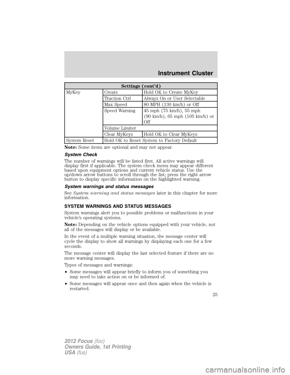 FORD FOCUS 2012 3.G Owners Manual Settings (cont’d)
MyKey Create Hold OK to Create MyKey
Traction Ctrl Always On or User Selectable
Max Speed 80 MPH (130 km/h) or Off
Speed Warning 45 mph (75 km/h), 55 mph
(90 km/h), 65 mph (105 km/