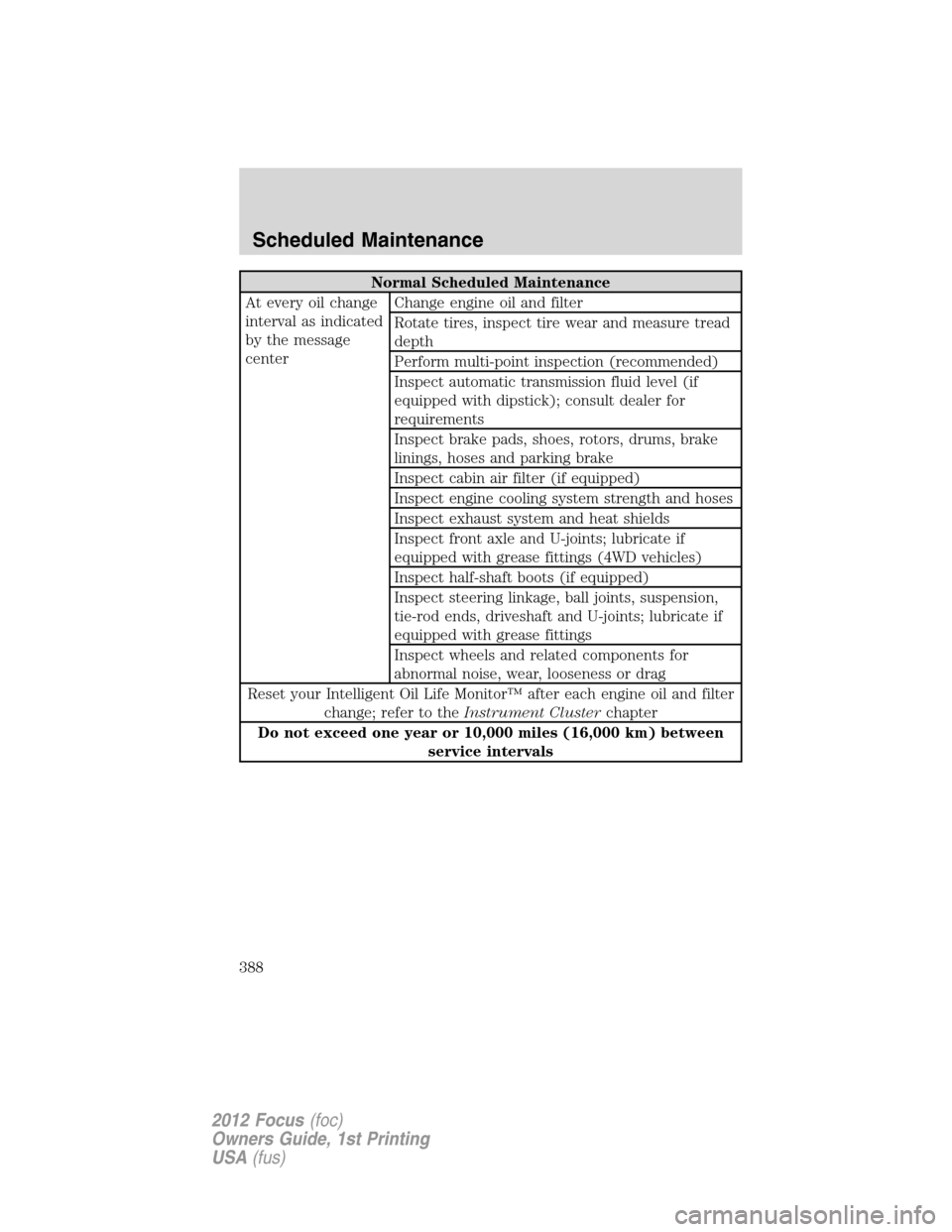 FORD FOCUS 2012 3.G Owners Manual Normal Scheduled Maintenance
At every oil change
interval as indicated
by the message
centerChange engine oil and filter
Rotate tires, inspect tire wear and measure tread
depth
Perform multi-point ins FORD FOCUS 2012 3.G Owners Manual Normal Scheduled Maintenance
At every oil change
interval as indicated
by the message
centerChange engine oil and filter
Rotate tires, inspect tire wear and measure tread
depth
Perform multi-point ins