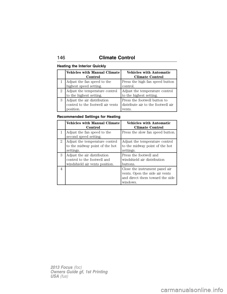 FORD FOCUS 2013 3.G Owners Manual Heating the Interior Quickly
Vehicles with Manual Climate
ControlVehicles with Automatic
Climate Control
1 Adjust the fan speed to the
highest speed setting.Press the high fan speed button
control.
2 