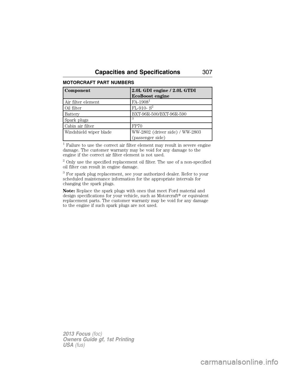 FORD FOCUS 2013 3.G Owners Manual MOTORCRAFT PART NUMBERS
Component 2.0L GDI engine / 2.0L GTDI
EcoBoost engine
Air filter element FA-1908
1
Oil filter FL-910- S2
Battery BXT-96R-500/BXT-96R-590
Spark plugs3
Cabin air filter FP70
Wind