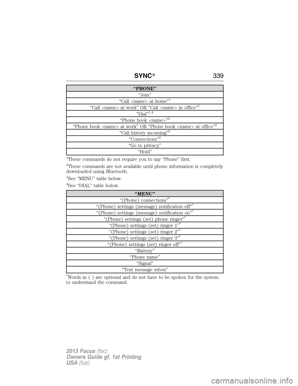 FORD FOCUS 2013 3.G Owners Manual “PHONE”
“Join”
“Call <name> at home”
1
“Call <name> at work” OR “Call <name> in office”1
“Dial”1,4
“Phone book <name>”2
“Phone book <name> at work” OR “Phone book <na