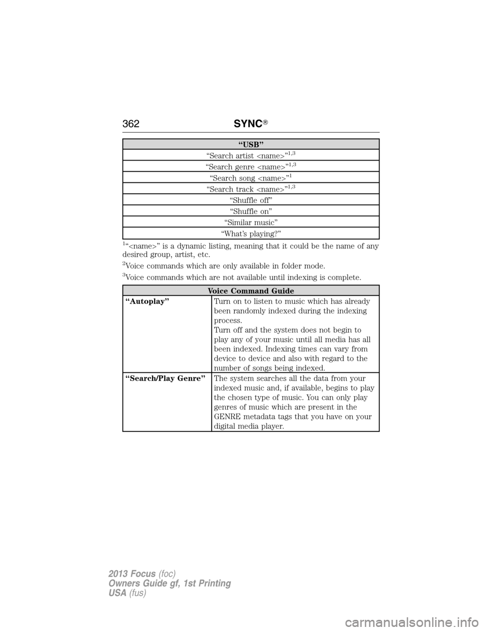 FORD FOCUS 2013 3.G Owners Manual “USB”
“Search artist <name>”1,3
“Search genre <name>”1,3
“Search song <name>”1
“Search track <name>”1,3
“Shuffle off”
“Shuffle on”
“Similar music”
“What’s playing? FORD FOCUS 2013 3.G Owners Manual “USB”
“Search artist <name>”1,3
“Search genre <name>”1,3
“Search song <name>”1
“Search track <name>”1,3
“Shuffle off”
“Shuffle on”
“Similar music”
“What’s playing?