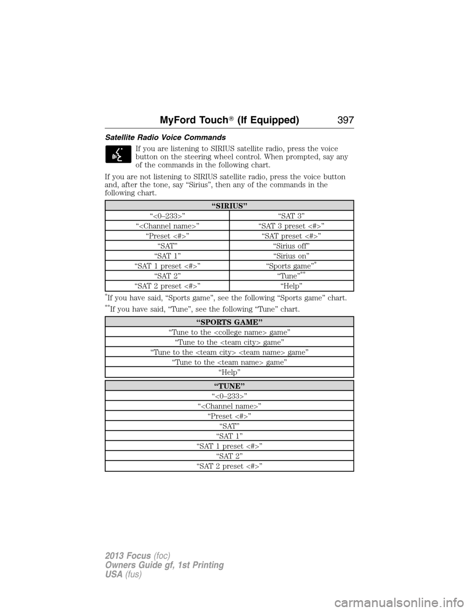 FORD FOCUS 2013 3.G Owners Manual Satellite Radio Voice Commands
If you are listening to SIRIUS satellite radio, press the voice
button on the steering wheel control. When prompted, say any
of the commands in the following chart.
If y