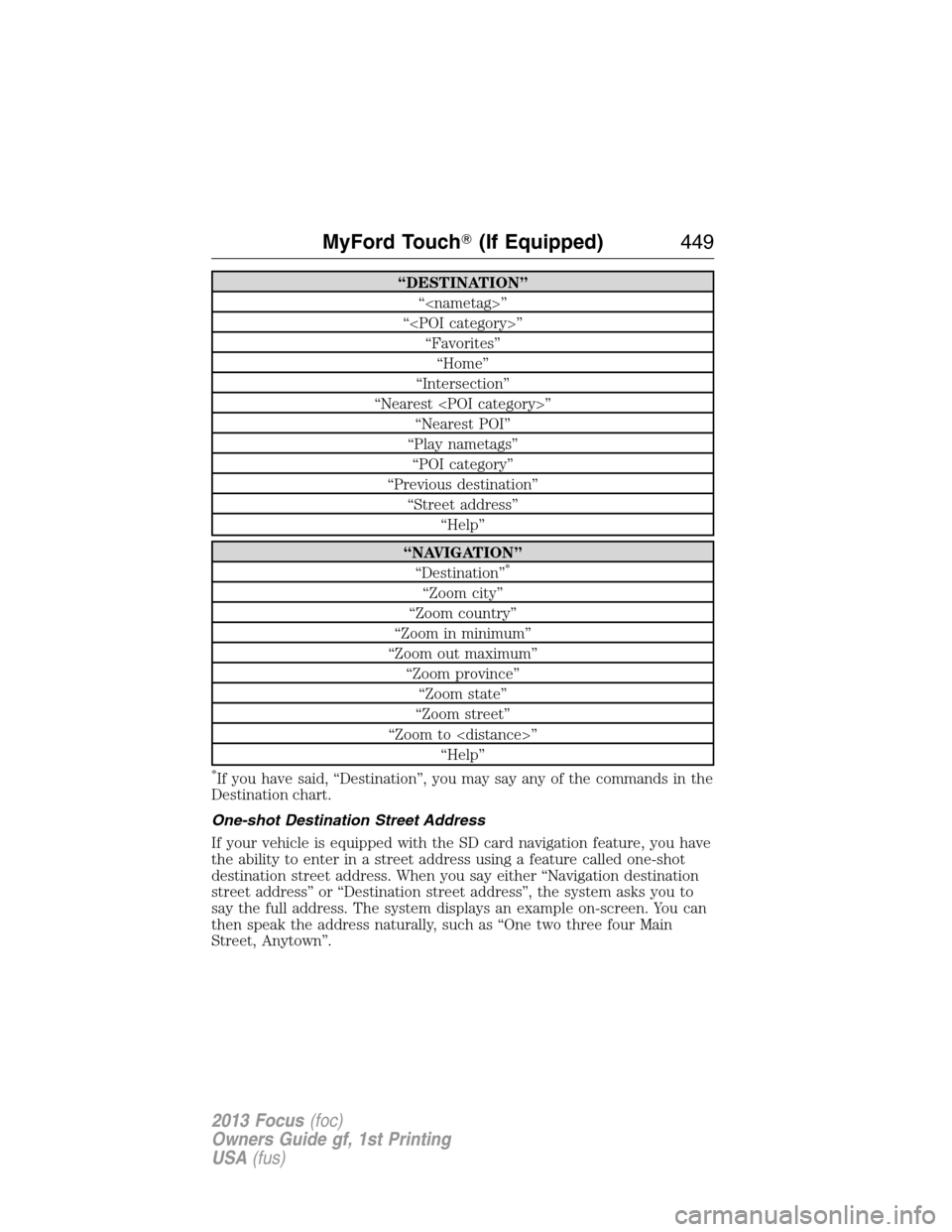 FORD FOCUS 2013 3.G Owners Manual “DESTINATION”
“<nametag>”
“<POI category>”
“Favorites”
“Home”
“Intersection”
“Nearest <POI category>”
“Nearest POI”
“Play nametags”
“POI category”
“Previous d