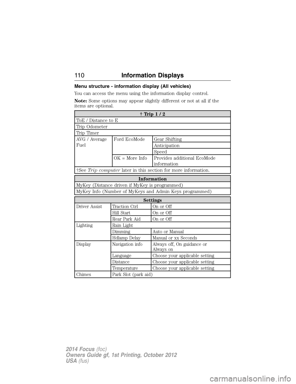 FORD FOCUS 2014 3.G Owners Manual Menu structure - information display (All vehicles)
You can access the menu using the information display control.
Note:Some options may appear slightly different or not at all if the
items are option