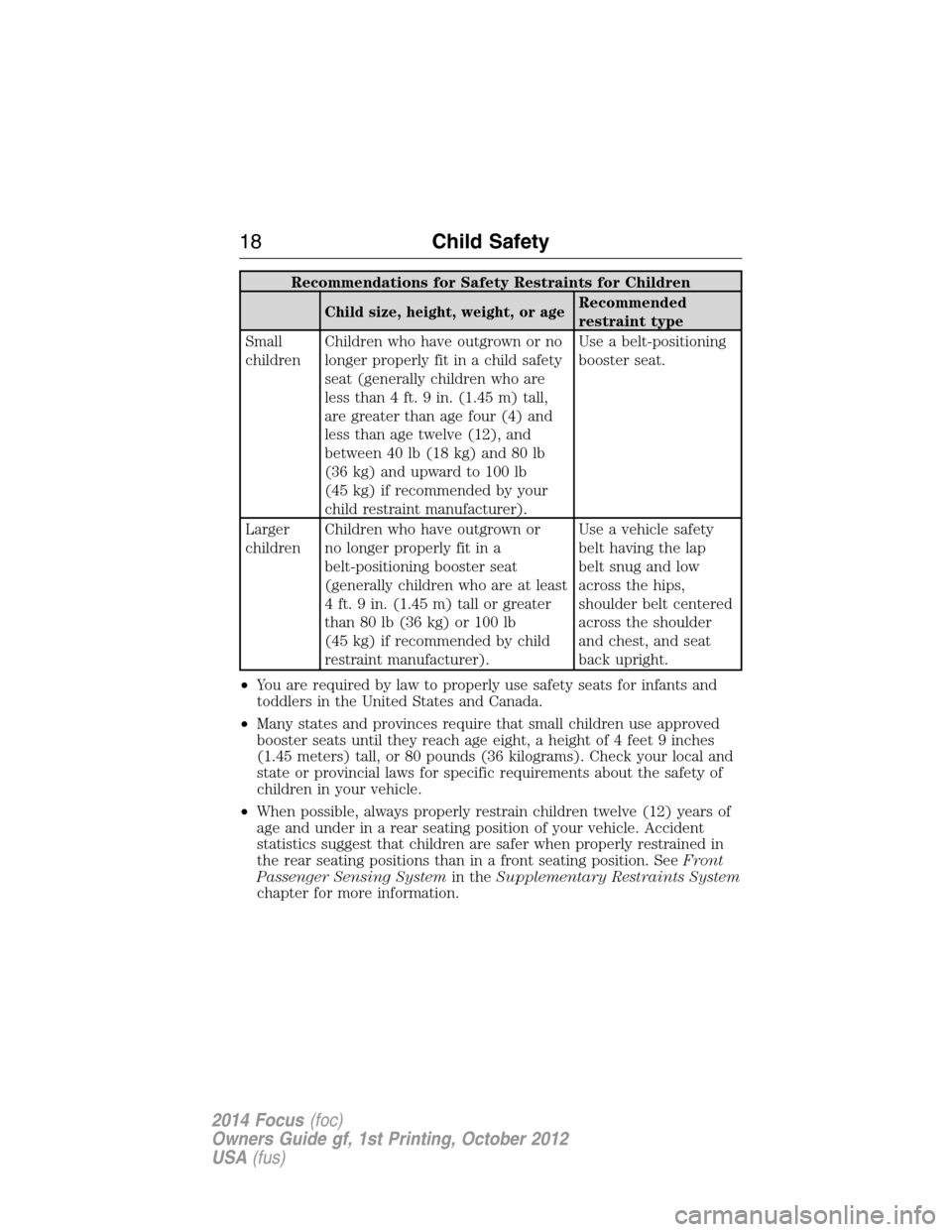 FORD FOCUS 2014 3.G Owners Manual Recommendations for Safety Restraints for Children
Child size, height, weight, or ageRecommended
restraint type
Small
childrenChildren who have outgrown or no
longer properly fit in a child safety
sea