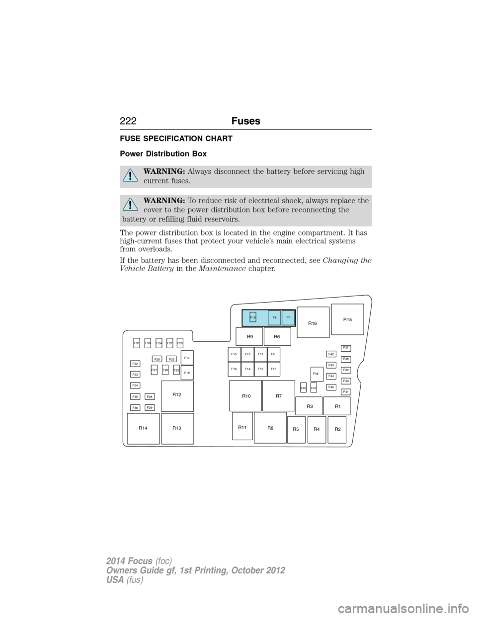 FORD FOCUS 2014 3.G Owners Manual FUSE SPECIFICATION CHART
Power Distribution Box
WARNING:Always disconnect the battery before servicing high
current fuses.
WARNING:To reduce risk of electrical shock, always replace the
cover to the p FORD FOCUS 2014 3.G Owners Manual FUSE SPECIFICATION CHART
Power Distribution Box
WARNING:Always disconnect the battery before servicing high
current fuses.
WARNING:To reduce risk of electrical shock, always replace the
cover to the p