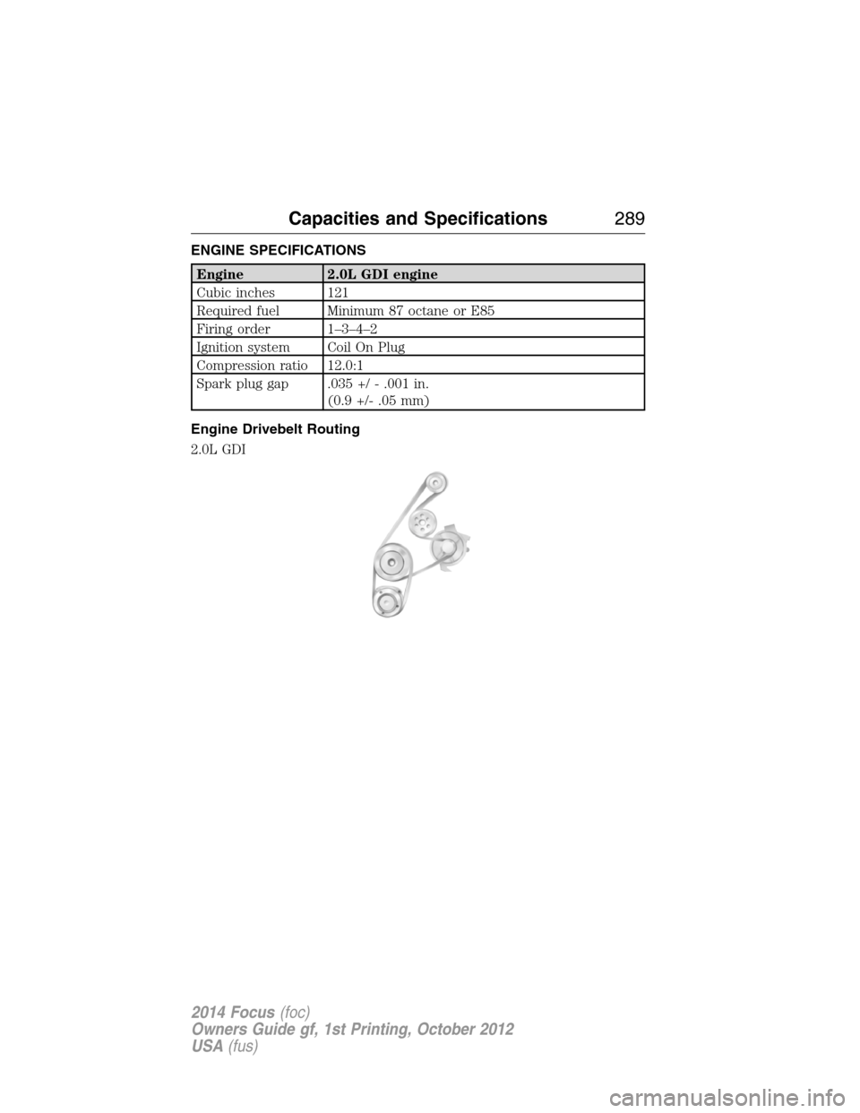 FORD FOCUS 2014 3.G Owners Manual ENGINE SPECIFICATIONS
Engine 2.0L GDI engine
Cubic inches 121
Required fuel Minimum 87 octane or E85
Firing order 1–3–4–2
Ignition system Coil On Plug
Compression ratio 12.0:1
Spark plug gap .03 FORD FOCUS 2014 3.G Owners Manual ENGINE SPECIFICATIONS
Engine 2.0L GDI engine
Cubic inches 121
Required fuel Minimum 87 octane or E85
Firing order 1–3–4–2
Ignition system Coil On Plug
Compression ratio 12.0:1
Spark plug gap .03