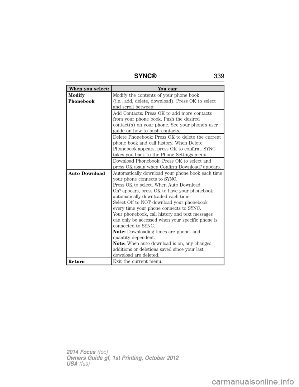 FORD FOCUS 2014 3.G Owners Manual When you select: You can:
Modify
PhonebookModify the contents of your phone book
(i.e., add, delete, download). Press OK to select
and scroll between:
Add Contacts: Press OK to add more contacts
from FORD FOCUS 2014 3.G Owners Manual When you select: You can:
Modify
PhonebookModify the contents of your phone book
(i.e., add, delete, download). Press OK to select
and scroll between:
Add Contacts: Press OK to add more contacts
from