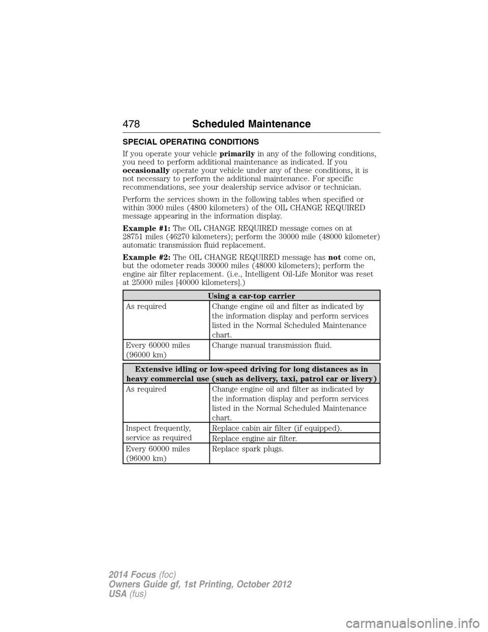 FORD FOCUS 2014 3.G Owners Guide SPECIAL OPERATING CONDITIONS
If you operate your vehicleprimarilyin any of the following conditions,
you need to perform additional maintenance as indicated. If you
occasionallyoperate your vehicle un