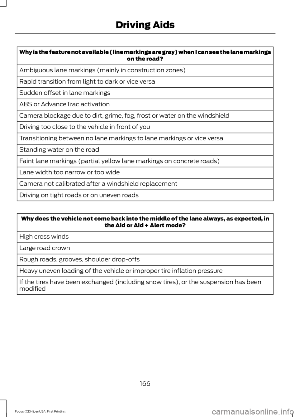 FORD FOCUS 2015 3.G Owners Manual Why is the feature not available (line markings are gray) when I can see the lane markings
on the road?
Ambiguous lane markings (mainly in construction zones)
Rapid transition from light to dark or vi