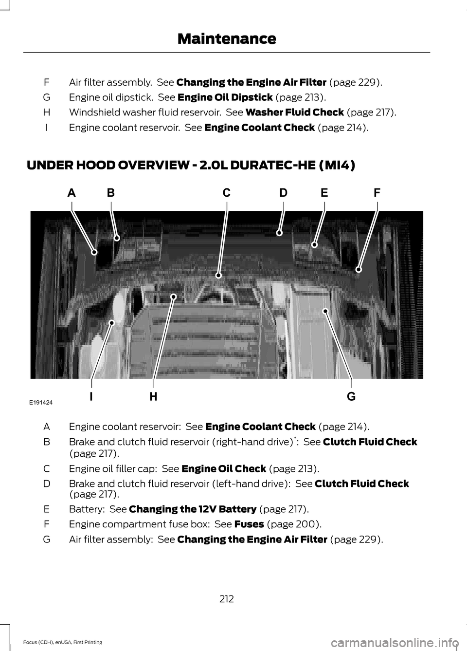 FORD FOCUS 2015 3.G Owners Manual Air filter assembly.  See Changing the Engine Air Filter (page 229).
F
Engine oil dipstick.  See 
Engine Oil Dipstick (page 213).
G
Windshield washer fluid reservoir.  See 
Washer Fluid Check (page 21