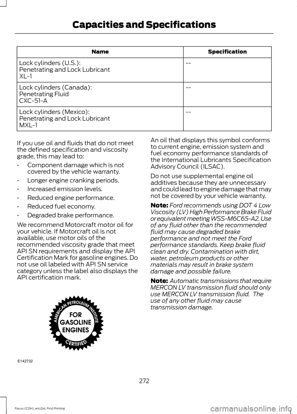 FORD FOCUS 2015 3.G User Guide Specification
Name
--
Lock cylinders (U.S.):
Penetrating and Lock Lubricant
XL-1
--
Lock cylinders (Canada):
Penetrating Fluid
CXC-51-A
--
Lock cylinders (Mexico):
Penetrating and Lock Lubricant
MXL-1