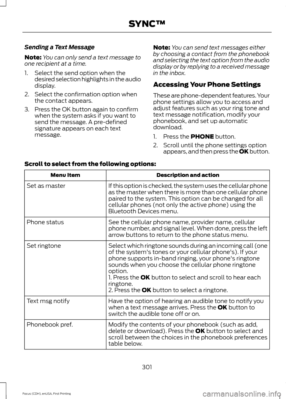 FORD FOCUS 2015 3.G Owners Manual Sending a Text Message
Note:
You can only send a text message to
one recipient at a time.
1. Select the send option when the desired selection highlights in the audio
display.
2. Select the confirmati