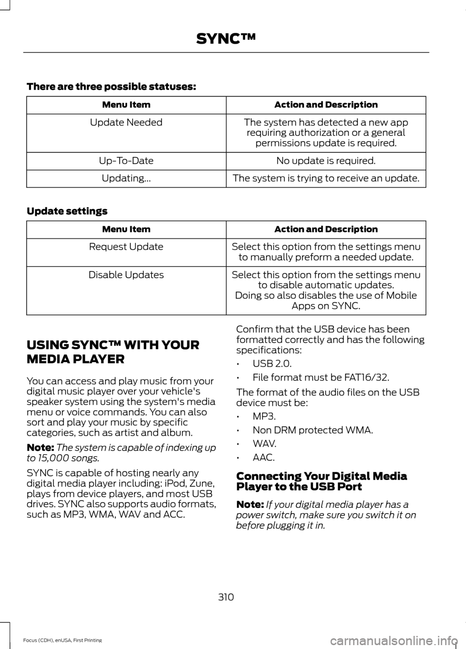 FORD FOCUS 2015 3.G Owners Manual There are three possible statuses:
Action and Description
Menu Item
The system has detected a new apprequiring authorization or a general permissions update is required.
Update Needed
No update is req