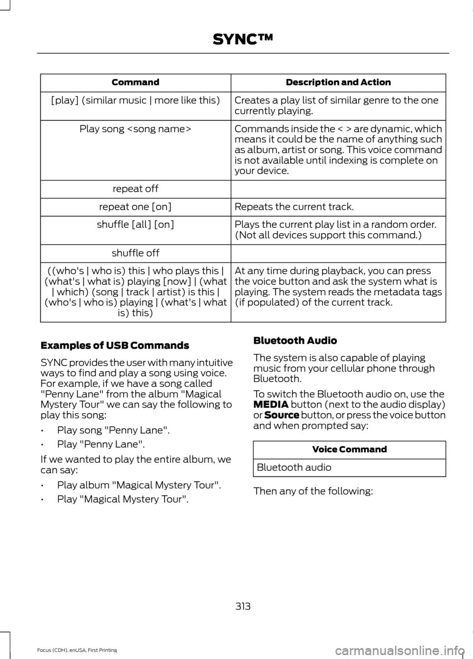 FORD FOCUS 2015 3.G Owners Manual Description and Action
Command
Creates a play list of similar genre to the one
currently playing.
[play] (similar music | more like this)
Commands inside the < > are dynamic, which
means it could be t