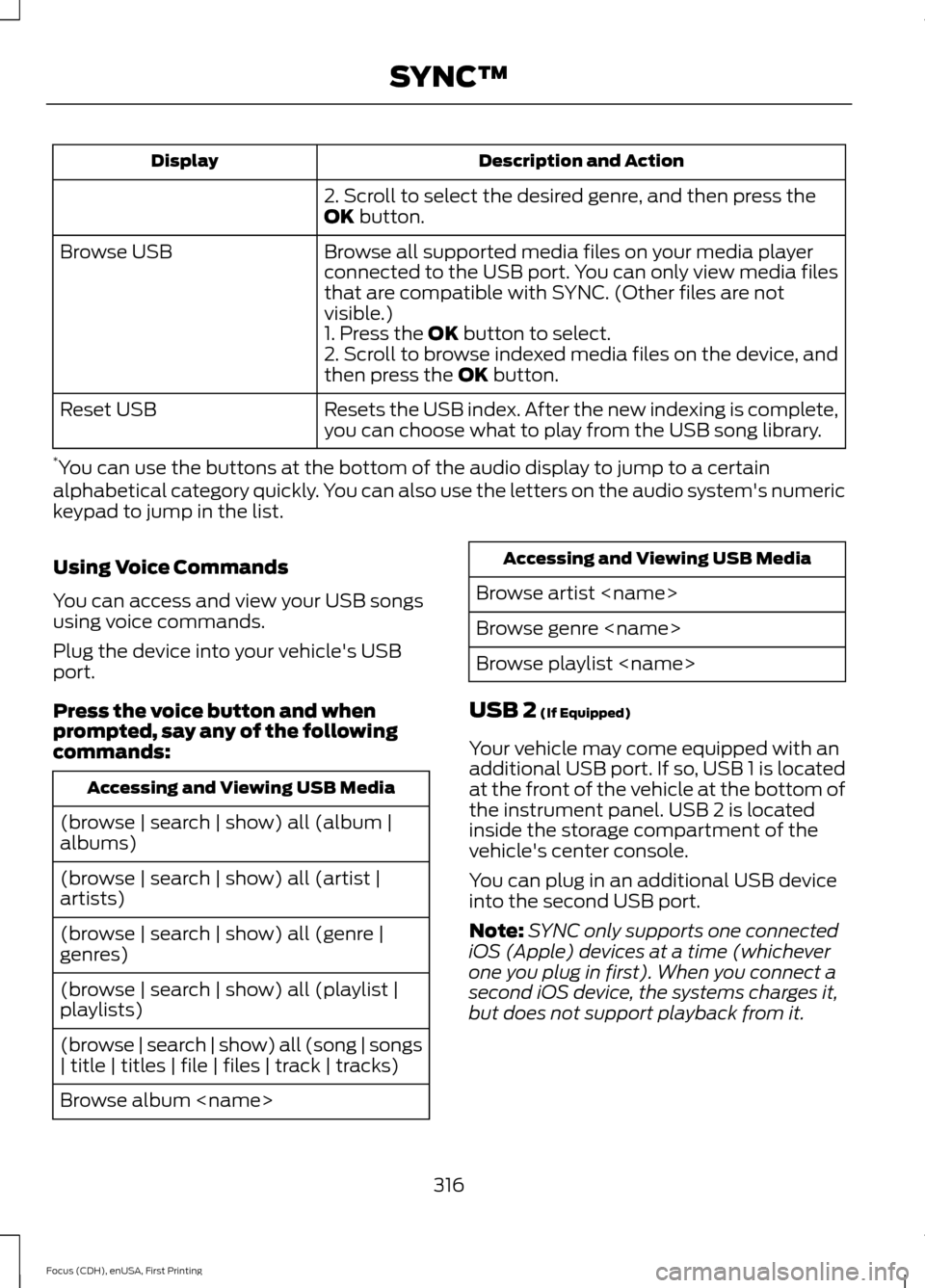 FORD FOCUS 2015 3.G Owners Manual Description and Action
Display
2. Scroll to select the desired genre, and then press the
OK button.
Browse all supported media files on your media player
connected to the USB port. You can only view m