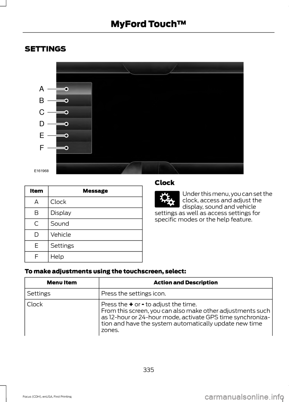 FORD FOCUS 2015 3.G Owners Manual SETTINGS
Message
Item
Clock
A
Display
B
Sound
C
Vehicle
D
Settings
E
Help
F Clock Under this menu, you can set the
clock, access and adjust the
display, sound and vehicle
settings as well as access se