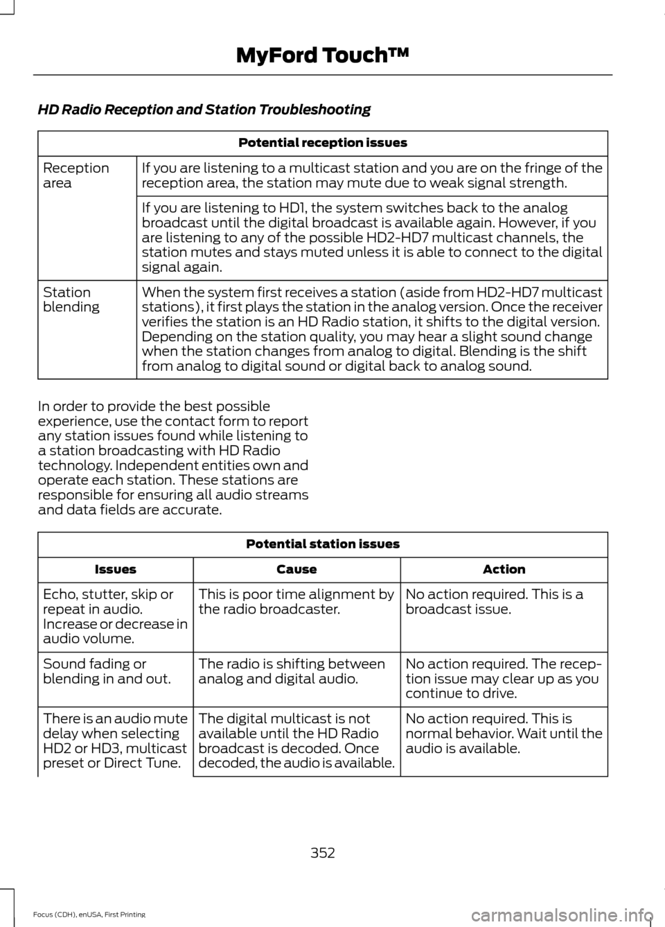 FORD FOCUS 2015 3.G Owners Manual HD Radio Reception and Station Troubleshooting
Potential reception issues
If you are listening to a multicast station and you are on the fringe of the
reception area, the station may mute due to weak 