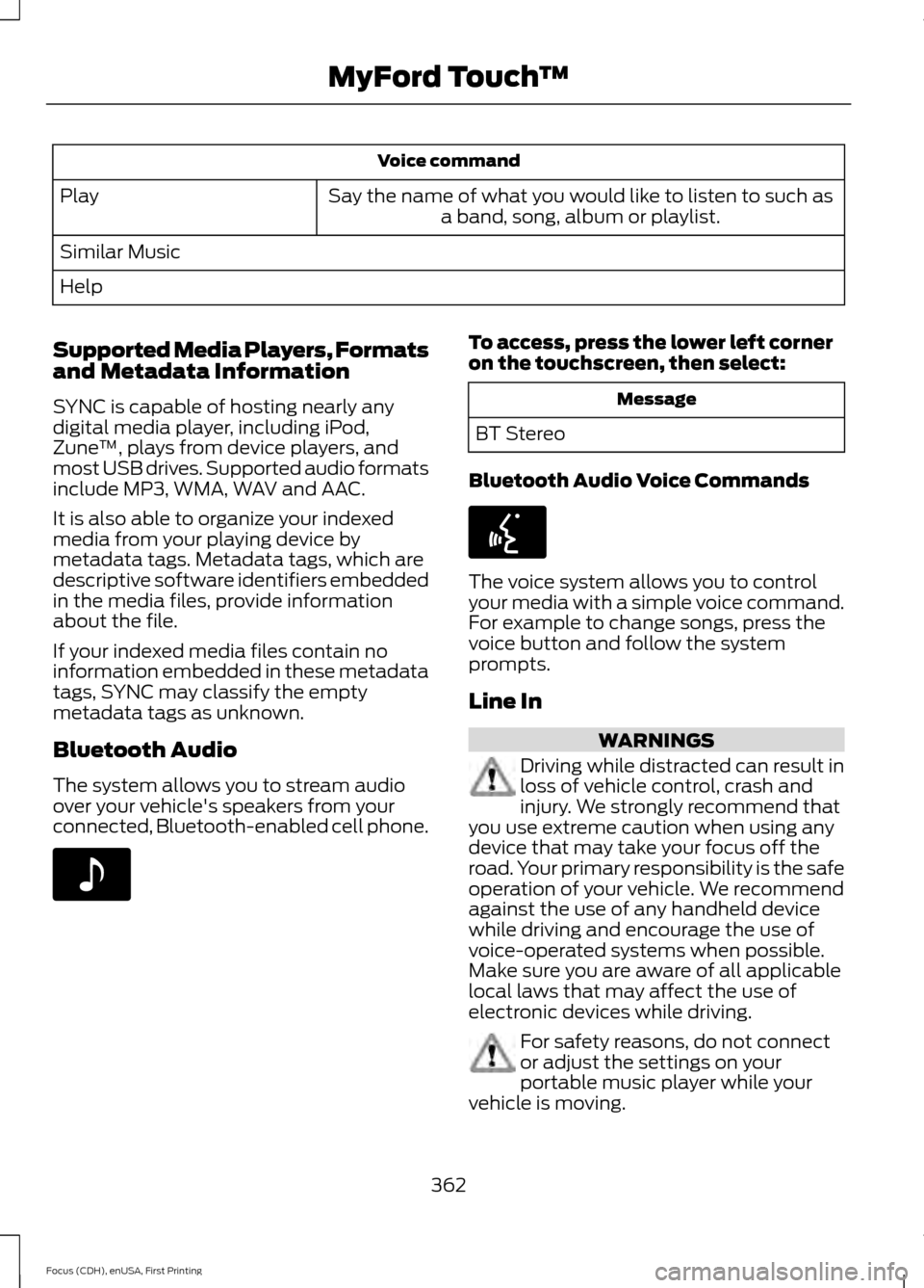 FORD FOCUS 2015 3.G Owners Manual Voice command
Say the name of what you would like to listen to such as a band, song, album or playlist.
Play
Similar Music
Help
Supported Media Players, Formats
and Metadata Information
SYNC is capabl