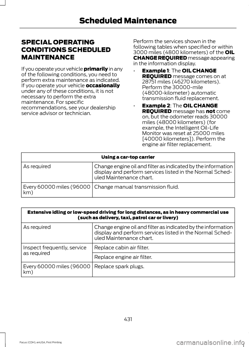 FORD FOCUS 2015 3.G Owners Manual SPECIAL OPERATING
CONDITIONS SCHEDULED
MAINTENANCE
If you operate your vehicle primarily in any
of the following conditions, you need to
perform extra maintenance as indicated.
If you operate your veh