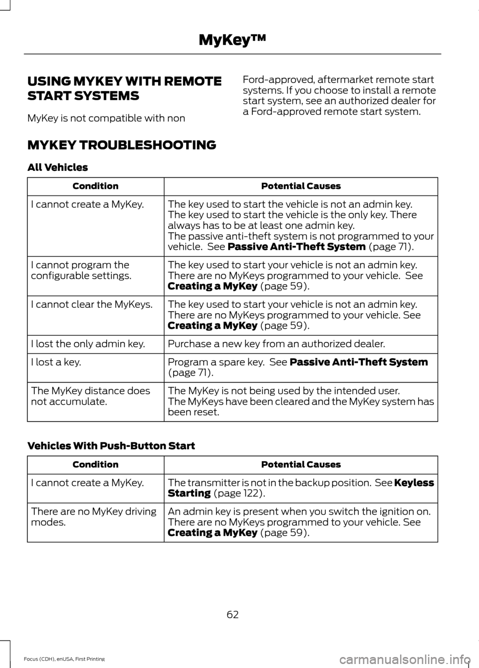 FORD FOCUS 2015 3.G Repair Manual USING MYKEY WITH REMOTE
START SYSTEMS
MyKey is not compatible with non
Ford-approved, aftermarket remote start
systems. If you choose to install a remote
start system, see an authorized dealer for
a F