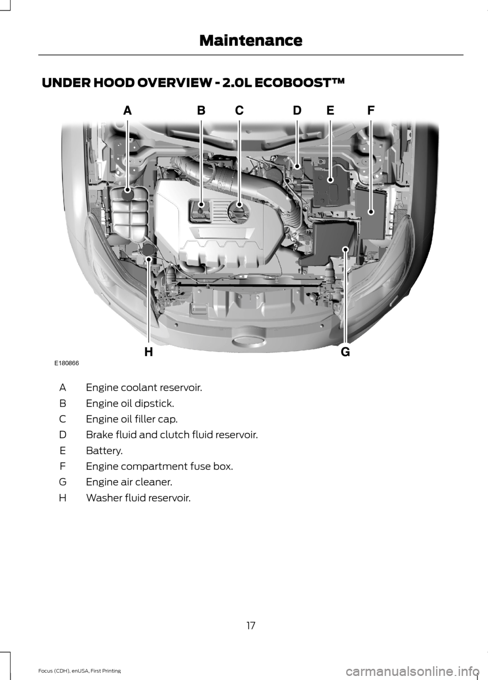 FORD FOCUS 2015 3.G ST Supplement Manual UNDER HOOD OVERVIEW - 2.0L ECOBOOST™
Engine coolant reservoir.A
Engine oil dipstick.B
Engine oil filler cap.C
Brake fluid and clutch fluid reservoir.D
Battery.E
Engine compartment fuse box.F
Engine FORD FOCUS 2015 3.G ST Supplement Manual UNDER HOOD OVERVIEW - 2.0L ECOBOOST™
Engine coolant reservoir.A
Engine oil dipstick.B
Engine oil filler cap.C
Brake fluid and clutch fluid reservoir.D
Battery.E
Engine compartment fuse box.F
Engine
