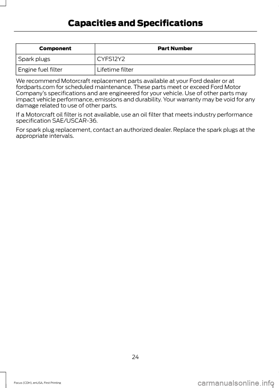 FORD FOCUS 2015 3.G ST Supplement Manual Part NumberComponent
CYFS12Y2Spark plugs
Lifetime filterEngine fuel filter
We recommend Motorcraft replacement parts available at your Ford dealer or atfordparts.com for scheduled maintenance. These p FORD FOCUS 2015 3.G ST Supplement Manual Part NumberComponent
CYFS12Y2Spark plugs
Lifetime filterEngine fuel filter
We recommend Motorcraft replacement parts available at your Ford dealer or atfordparts.com for scheduled maintenance. These p