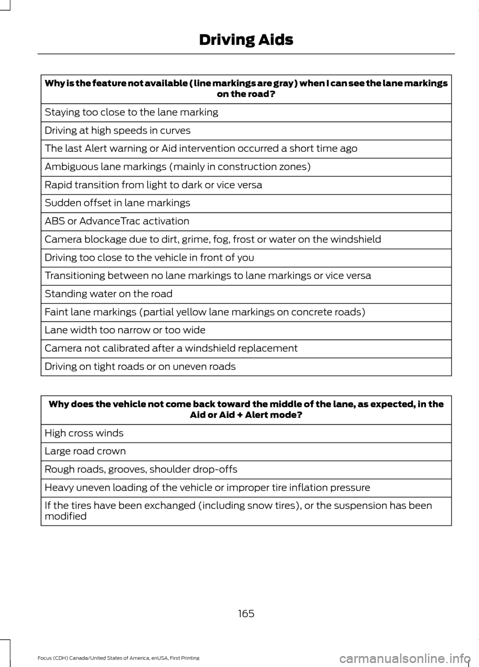 FORD FOCUS 2016 3.G Owners Manual Why is the feature not available (line markings are gray) when I can see the lane markings
on the road?
Staying too close to the lane marking
Driving at high speeds in curves
The last Alert warning or