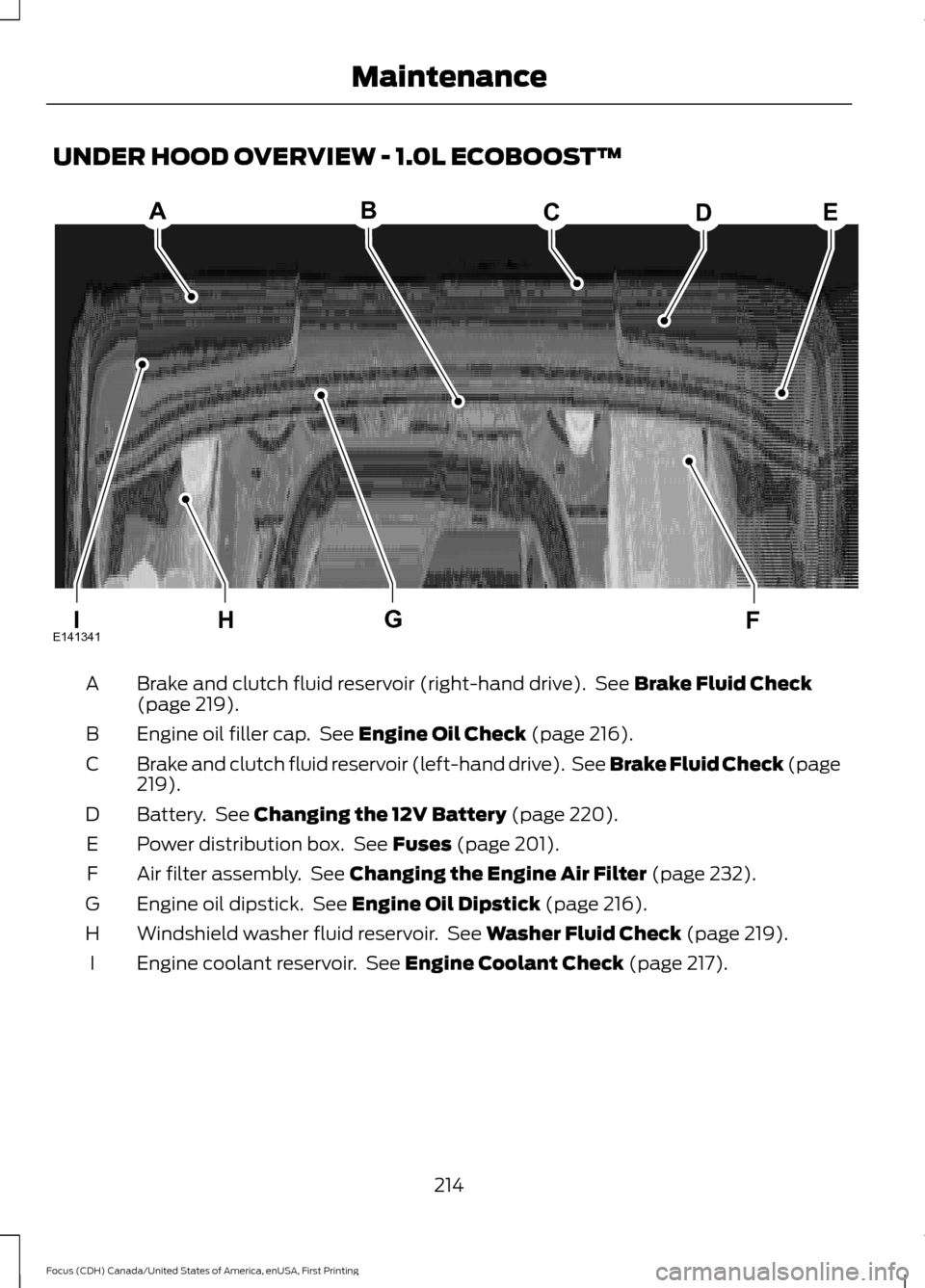 FORD FOCUS 2016 3.G Owners Manual UNDER HOOD OVERVIEW - 1.0L ECOBOOST™
Brake and clutch fluid reservoir (right-hand drive).  See Brake Fluid Check
(page 219).
A
Engine oil filler cap.  See 
Engine Oil Check (page 216).
B
Brake and c