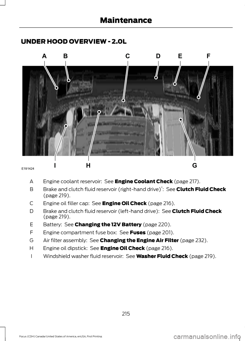 FORD FOCUS 2016 3.G Owners Manual UNDER HOOD OVERVIEW - 2.0L
Engine coolant reservoir:  See Engine Coolant Check (page 217).
A
Brake and clutch fluid reservoir (right-hand drive) *
: 
 See Clutch Fluid Check
(page 219).
B
Engine oil f