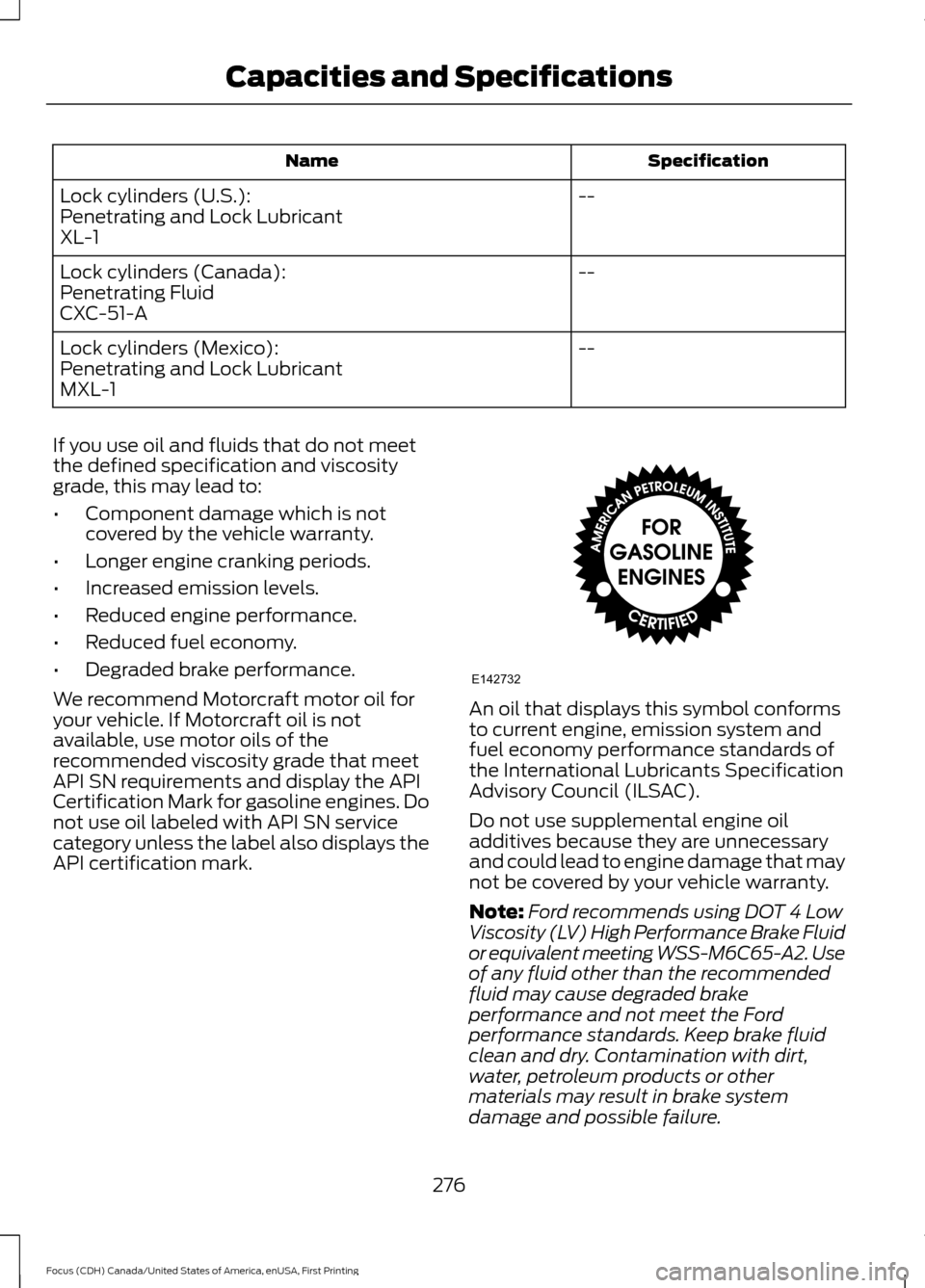 FORD FOCUS 2016 3.G Owners Manual Specification
Name
--
Lock cylinders (U.S.):
Penetrating and Lock Lubricant
XL-1
--
Lock cylinders (Canada):
Penetrating Fluid
CXC-51-A
--
Lock cylinders (Mexico):
Penetrating and Lock Lubricant
MXL-1