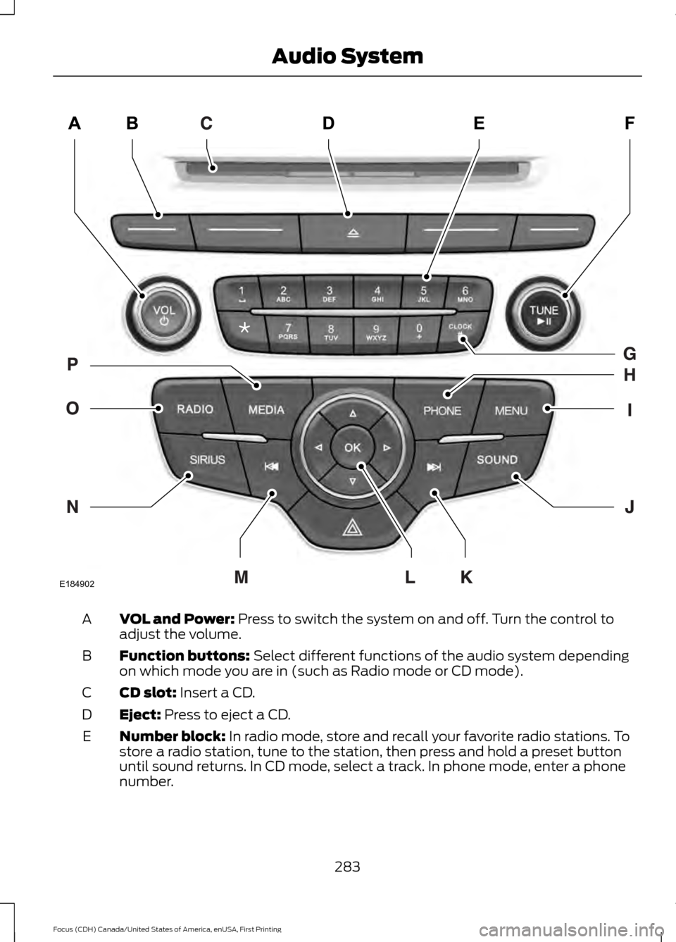 FORD FOCUS 2016 3.G Owners Manual VOL and Power: Press to switch the system on and off. Turn the control to
adjust the volume.
A
Function buttons:
Select different functions of the audio system depending
on which mode you are in (suc FORD FOCUS 2016 3.G Owners Manual VOL and Power: Press to switch the system on and off. Turn the control to
adjust the volume.
A
Function buttons:
Select different functions of the audio system depending
on which mode you are in (suc