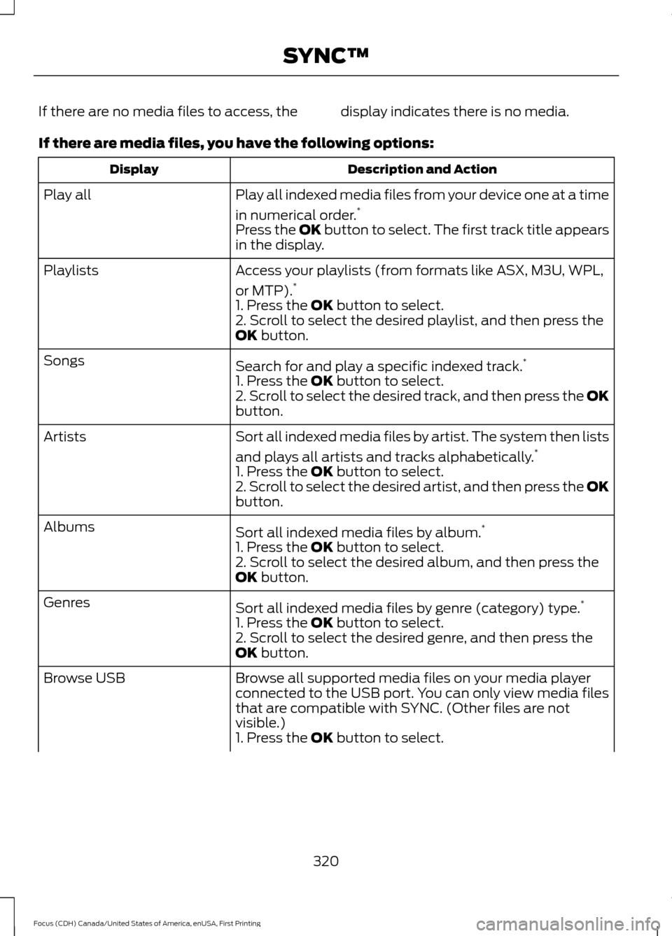 FORD FOCUS 2016 3.G Owners Manual If there are no media files to access, the display indicates there is no media.
If there are media files, you have the following options:
Description and Action
Display
Play all indexed media files fr