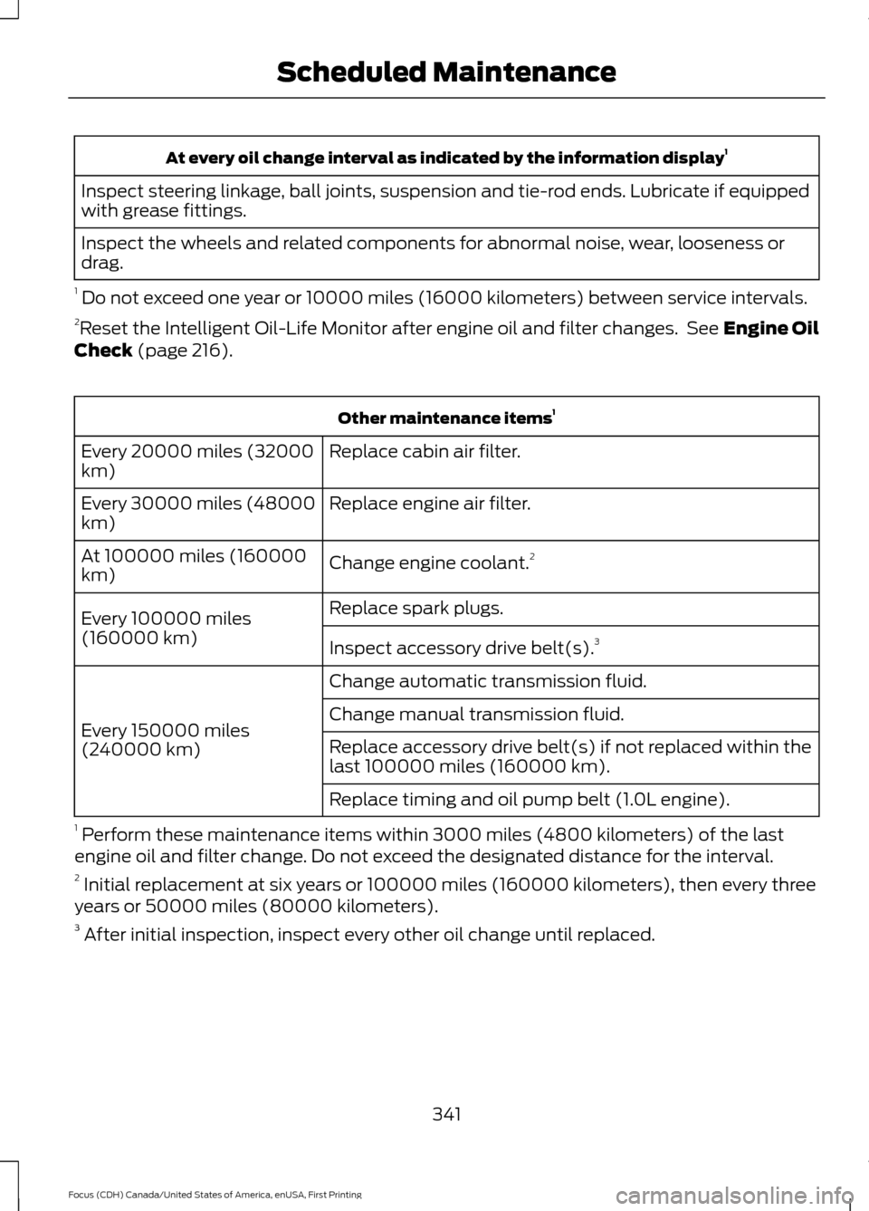 FORD FOCUS 2016 3.G Owners Manual At every oil change interval as indicated by the information display
1
Inspect steering linkage, ball joints, suspension and tie-rod ends. Lubricate if equipped
with grease fittings.
Inspect the wheel FORD FOCUS 2016 3.G Owners Manual At every oil change interval as indicated by the information display
1
Inspect steering linkage, ball joints, suspension and tie-rod ends. Lubricate if equipped
with grease fittings.
Inspect the wheel