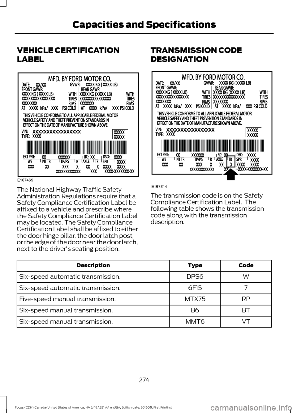 FORD FOCUS 2017 3.G Owners Manual VEHICLE CERTIFICATION
LABEL
The National Highway Traffic Safety
Administration Regulations require that a
Safety Compliance Certification Label be
affixed to a vehicle and prescribe where
the Safety C FORD FOCUS 2017 3.G Owners Manual VEHICLE CERTIFICATION
LABEL
The National Highway Traffic Safety
Administration Regulations require that a
Safety Compliance Certification Label be
affixed to a vehicle and prescribe where
the Safety C