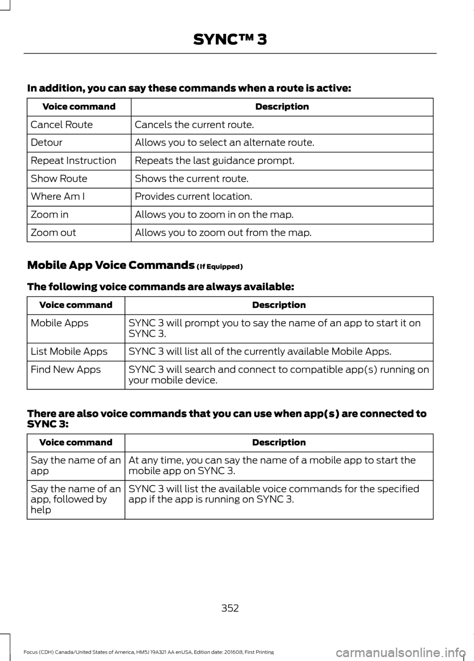 FORD FOCUS 2017 3.G Owners Manual In addition, you can say these commands when a route is active:
Description
Voice command
Cancels the current route.
Cancel Route
Allows you to select an alternate route.
Detour
Repeats the last guida FORD FOCUS 2017 3.G Owners Manual In addition, you can say these commands when a route is active:
Description
Voice command
Cancels the current route.
Cancel Route
Allows you to select an alternate route.
Detour
Repeats the last guida