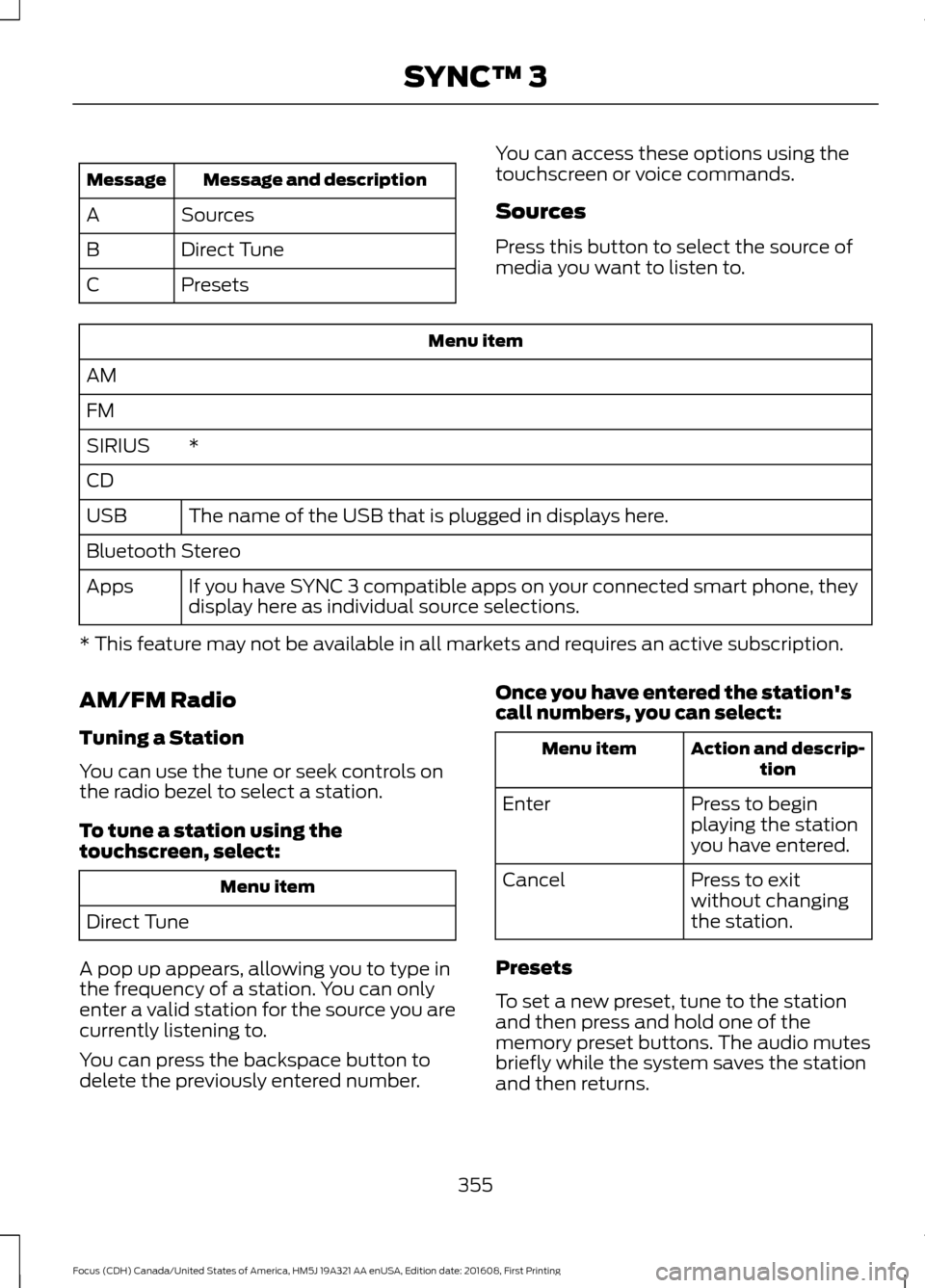 FORD FOCUS 2017 3.G Owners Manual Message and description
Message
Sources
A
Direct Tune
B
Presets
C You can access these options using the
touchscreen or voice commands.
Sources
Press this button to select the source of
media you want FORD FOCUS 2017 3.G Owners Manual Message and description
Message
Sources
A
Direct Tune
B
Presets
C You can access these options using the
touchscreen or voice commands.
Sources
Press this button to select the source of
media you want