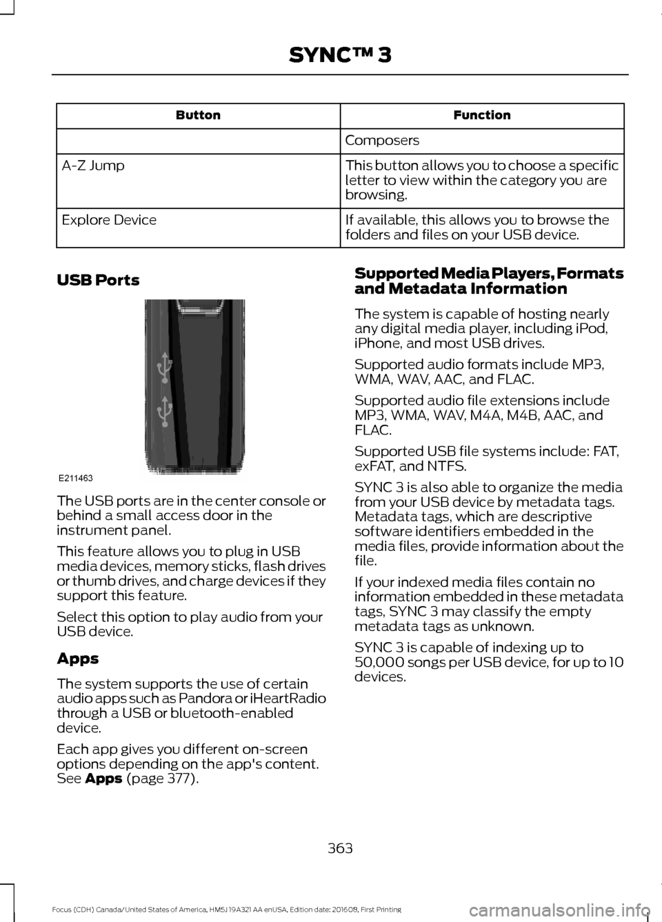 FORD FOCUS 2017 3.G Owners Manual Function
Button
Composers
This button allows you to choose a specific
letter to view within the category you are
browsing.
A-Z Jump
If available, this allows you to browse the
folders and files on you FORD FOCUS 2017 3.G Owners Manual Function
Button
Composers
This button allows you to choose a specific
letter to view within the category you are
browsing.
A-Z Jump
If available, this allows you to browse the
folders and files on you