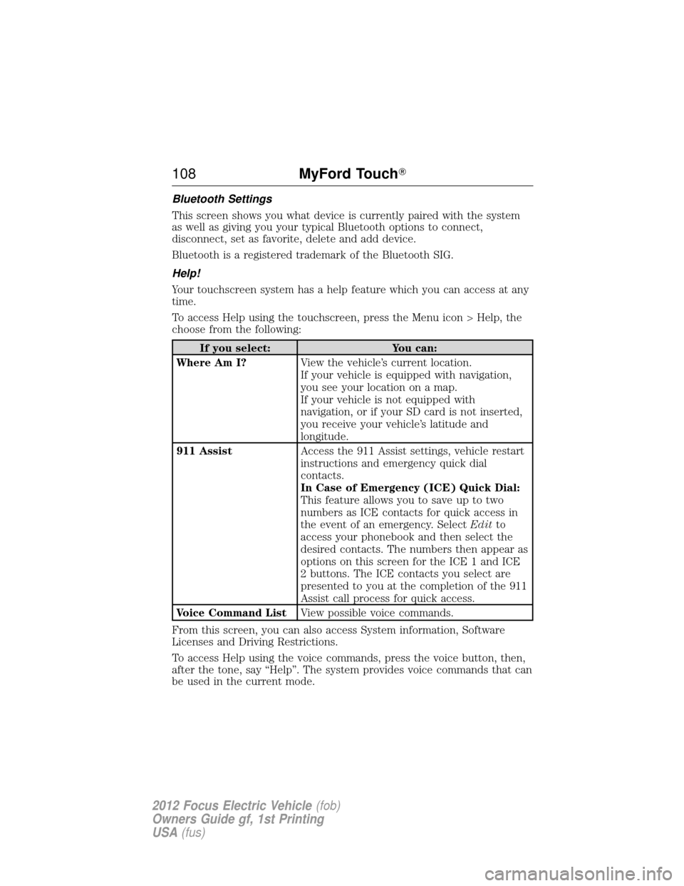 FORD FOCUS ELECTRIC 2012 3.G Owners Manual Bluetooth Settings
This screen shows you what device is currently paired with the system
as well as giving you your typical Bluetooth options to connect,
disconnect, set as favorite, delete and add de