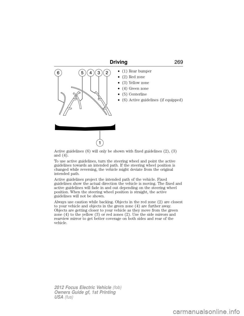 FORD FOCUS ELECTRIC 2012 3.G Owners Manual •(1) Rear bumper
• (2) Red zone
• (3) Yellow zone
• (4) Green zone
• (5) Centerline
• (6) Active guidelines (if equipped)
Active guidelines (6) will only be shown with fixed guidelines (2)
