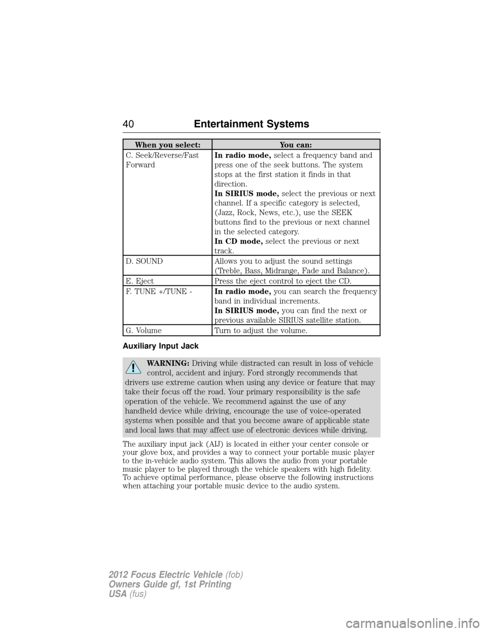 FORD FOCUS ELECTRIC 2012 3.G Owners Guide When you select:You can:
C. Seek/Reverse/Fast
Forward In radio mode,
select a frequency band and
press one of the seek buttons. The system
stops at the first station it finds in that
direction.
In SIR