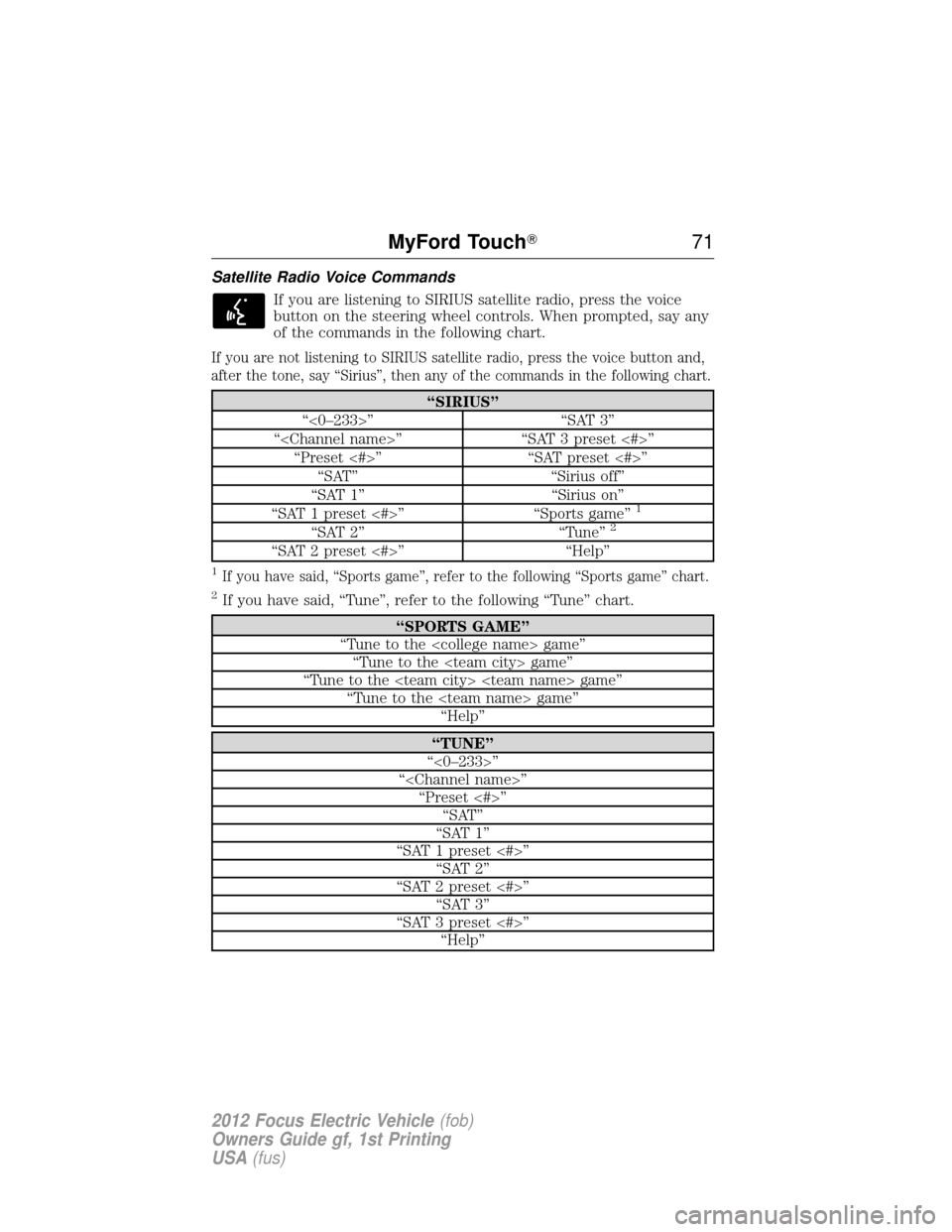 FORD FOCUS ELECTRIC 2012 3.G Manual PDF Satellite Radio Voice CommandsIf you are listening to SIRIUS satellite radio, press the voice
button on the steering wheel controls. When prompted, say any
of the commands in the following chart.
If y
