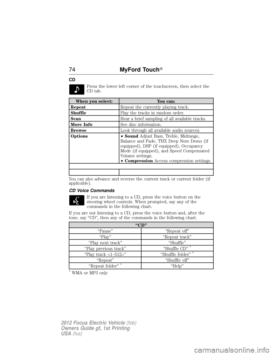 FORD FOCUS ELECTRIC 2012 3.G Manual PDF CDPress the lower left corner of the touchscreen, then select the
CD tab.
When you select: You can:
Repeat Repeat the currently playing track.
Shuffle Play the tracks in random order.
Scan Hear a brie