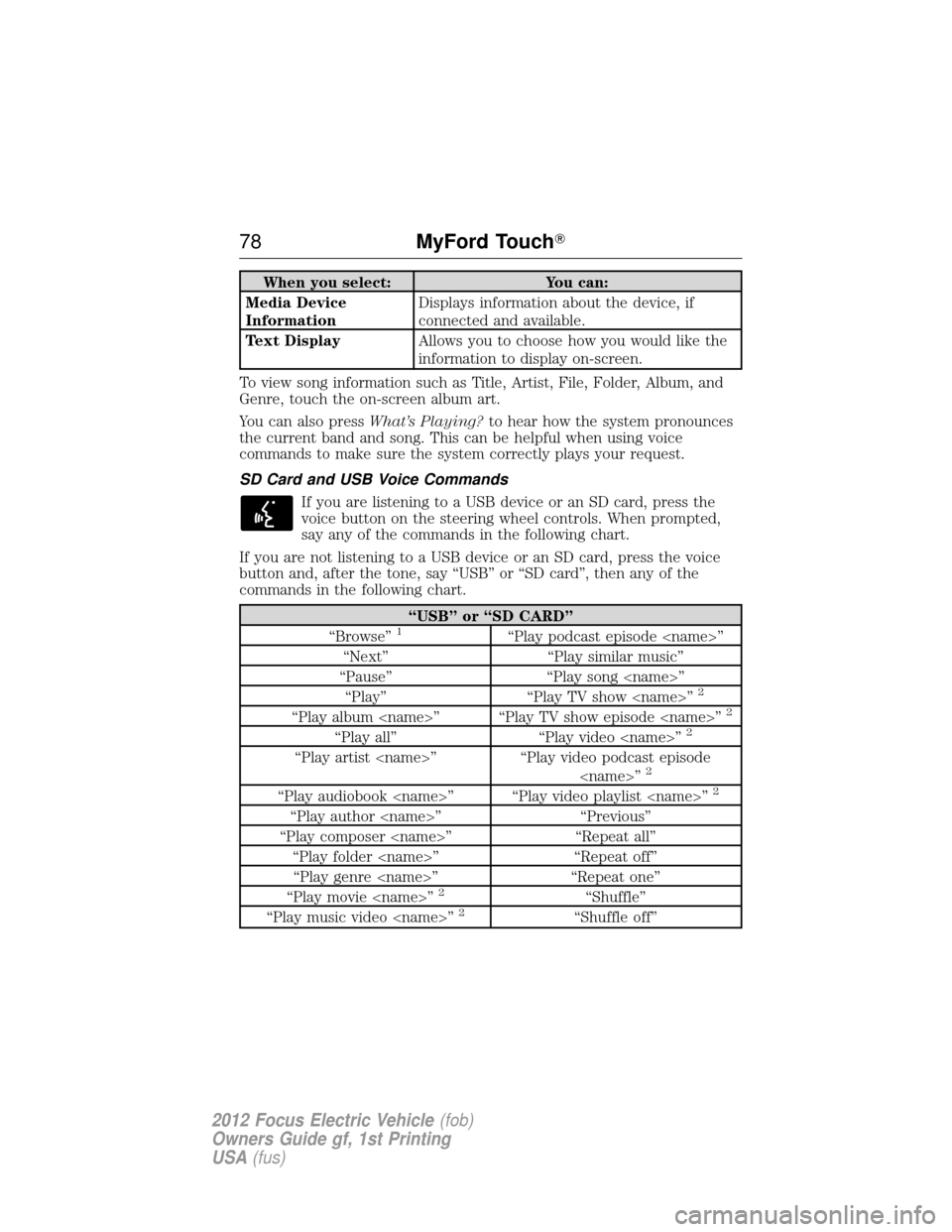 FORD FOCUS ELECTRIC 2012 3.G Manual PDF When you select:You can:
Media Device
Information Displays information about the device, if
connected and available.
Text Display Allows you to choose how you would like the
information to display on-