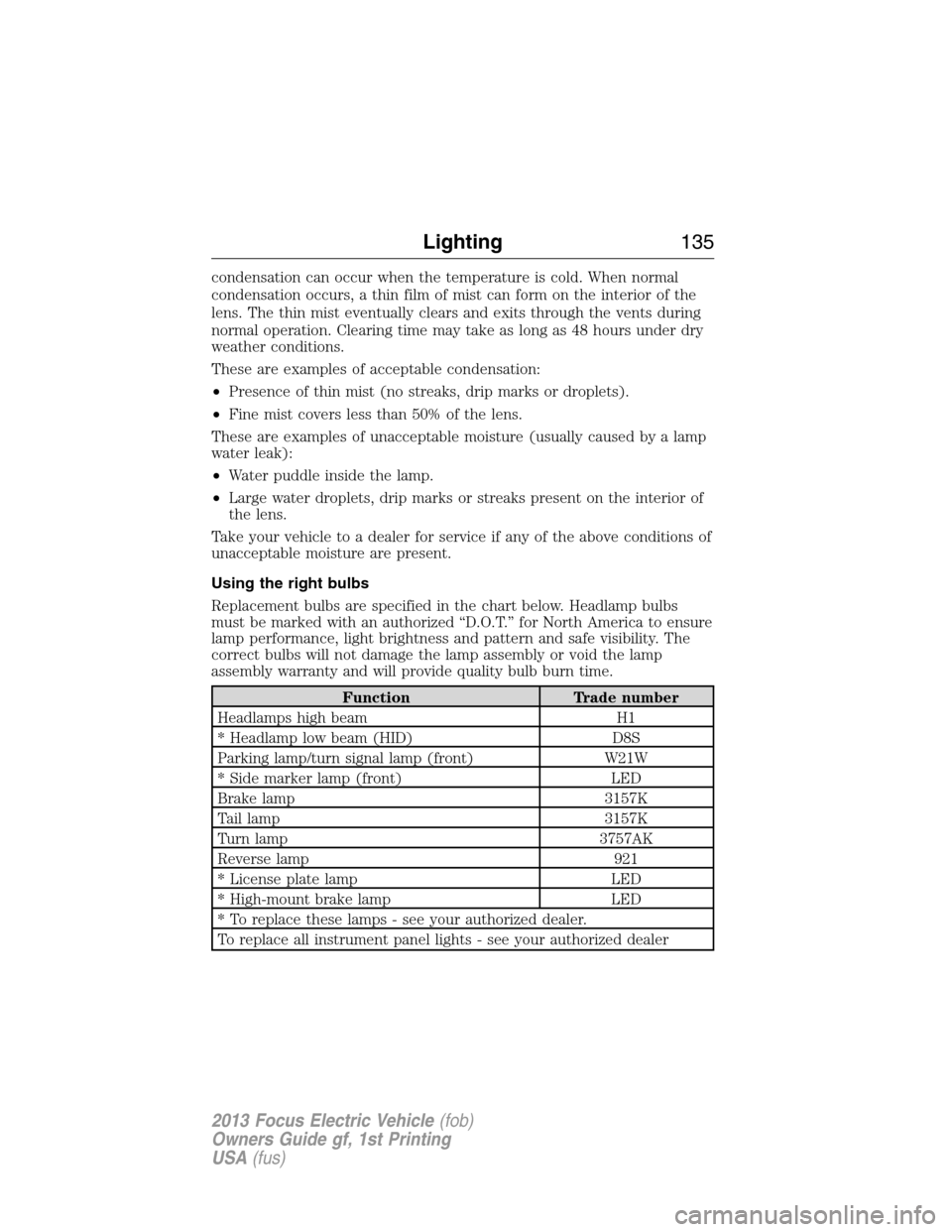 FORD FOCUS ELECTRIC 2013 3.G Owners Manual condensation can occur when the temperature is cold. When normal
condensation occurs, a thin film of mist can form on the interior of the
lens. The thin mist eventually clears and exits through the ve