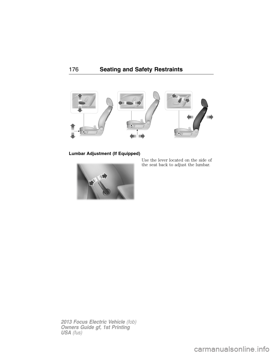 FORD FOCUS ELECTRIC 2013 3.G Owners Manual Lumbar Adjustment (If Equipped)
Use the lever located on the side of
the seat back to adjust the lumbar.
176Seating and Safety Restraints
2013 Focus Electric Vehicle(fob)
Owners Guide gf, 1st Printing