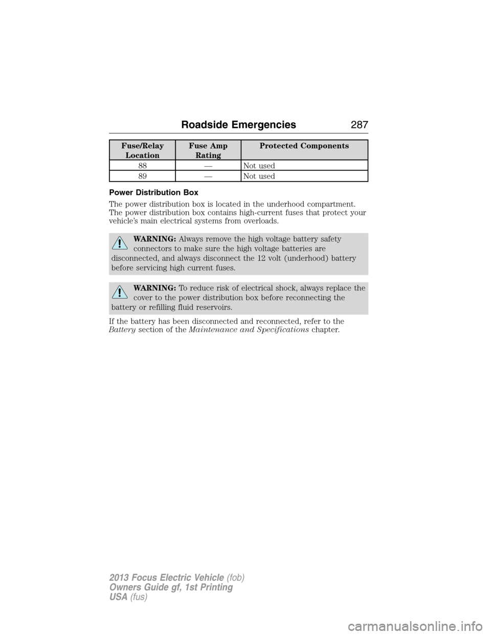 FORD FOCUS ELECTRIC 2013 3.G Owners Manual Fuse/Relay
LocationFuse Amp
RatingProtected Components
88 — Not used
89 — Not used
Power Distribution Box
The power distribution box is located in the underhood compartment.
The power distribution