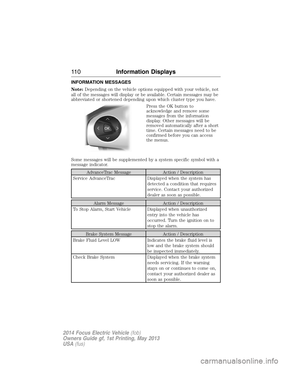 FORD FOCUS ELECTRIC 2014 3.G Owners Manual INFORMATION MESSAGES
Note:Depending on the vehicle options equipped with your vehicle, not
all of the messages will display or be available. Certain messages may be
abbreviated or shortened depending 